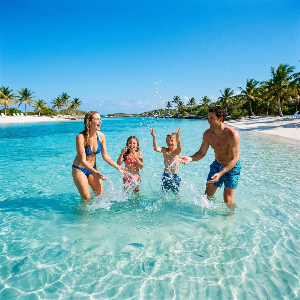 Family playing in turquoise water during a Blue Lagoon island excursion in Nassau, Bahamas.