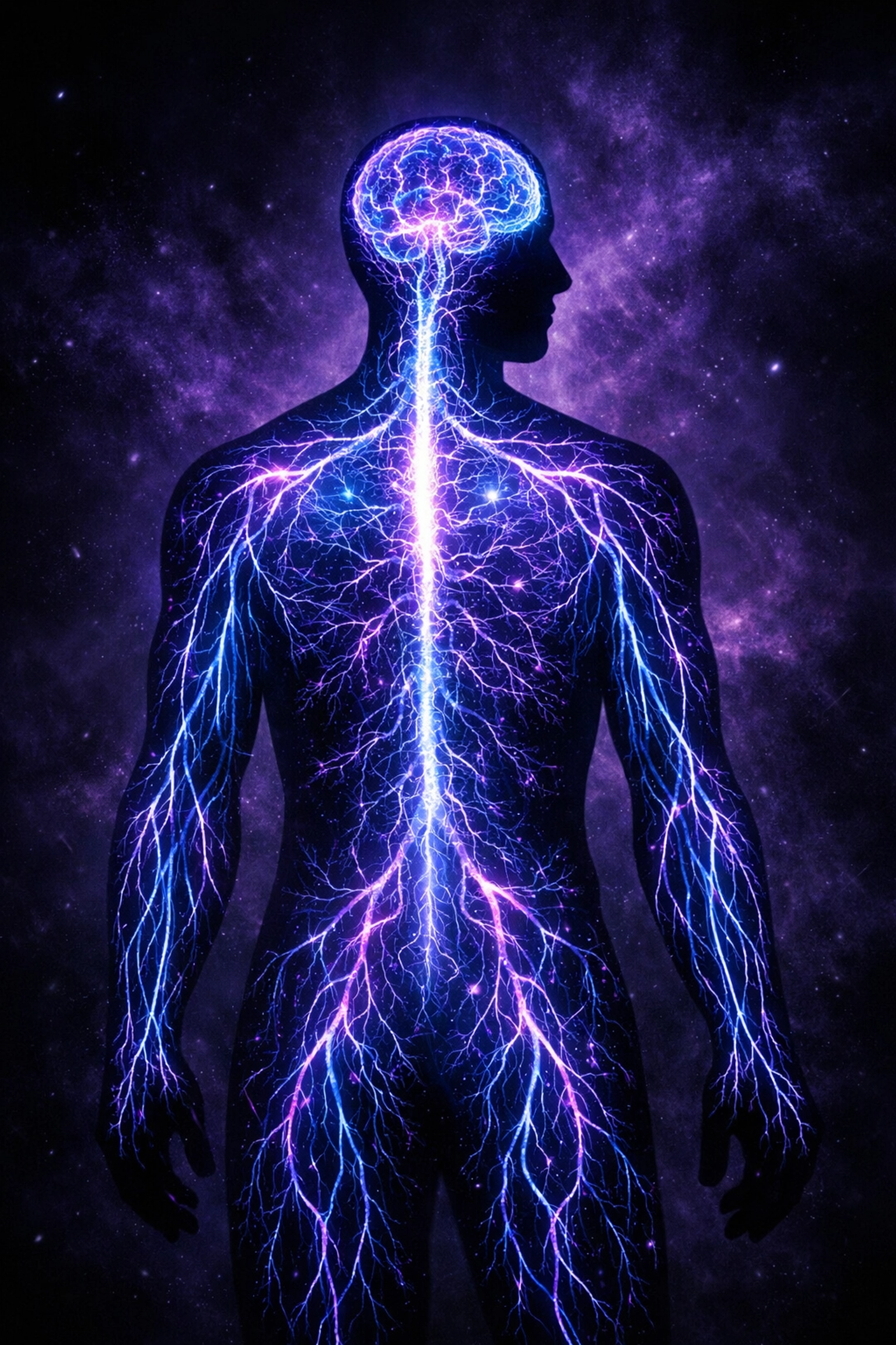 Glowing neural pathways in human body showing nervous system regulation and bottom-up processing