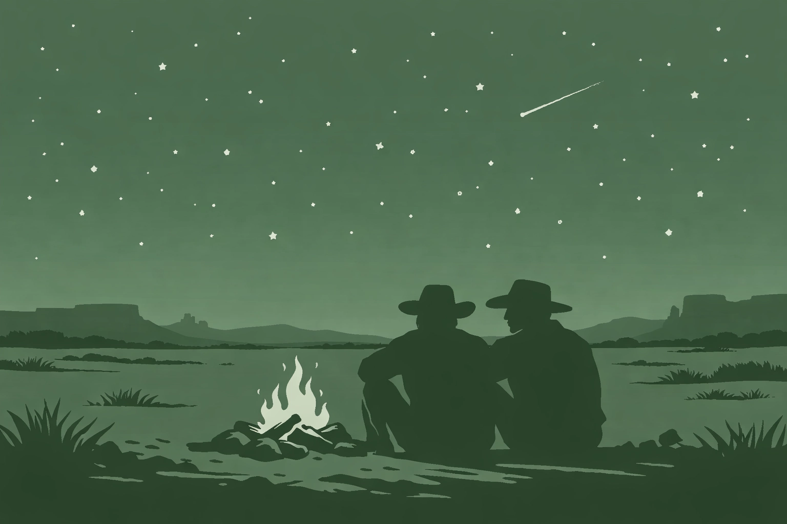 Two cowboys sitting together by campfire under starry night sky on the prairie frontier