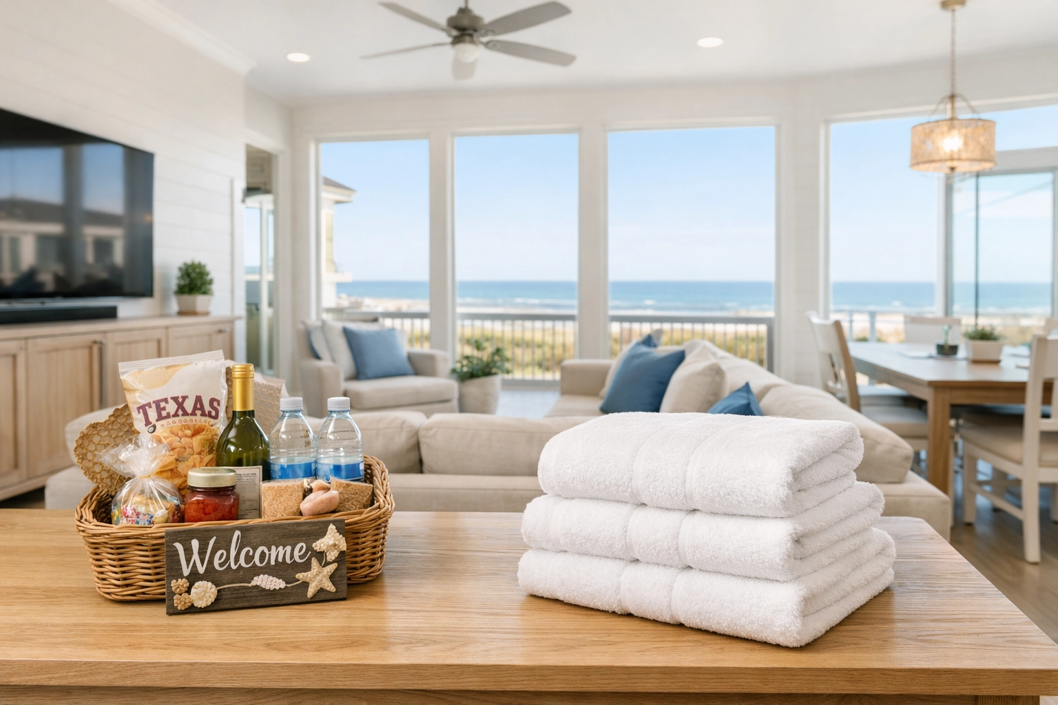 Pristine Bolivar Peninsula luxury beach house living room featuring professional cleaning and guest welcome amenities.