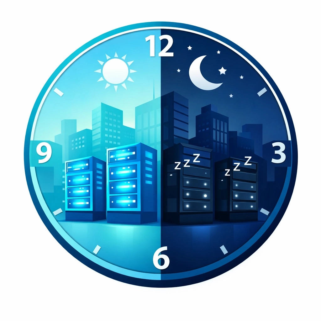 24-hour clock showing cloud servers running during business hours and sleeping overnight