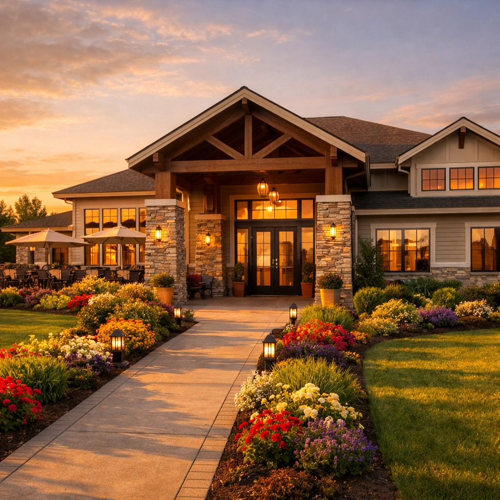 Modern 55+ community clubhouse in Bucks County PA with landscaped entrance