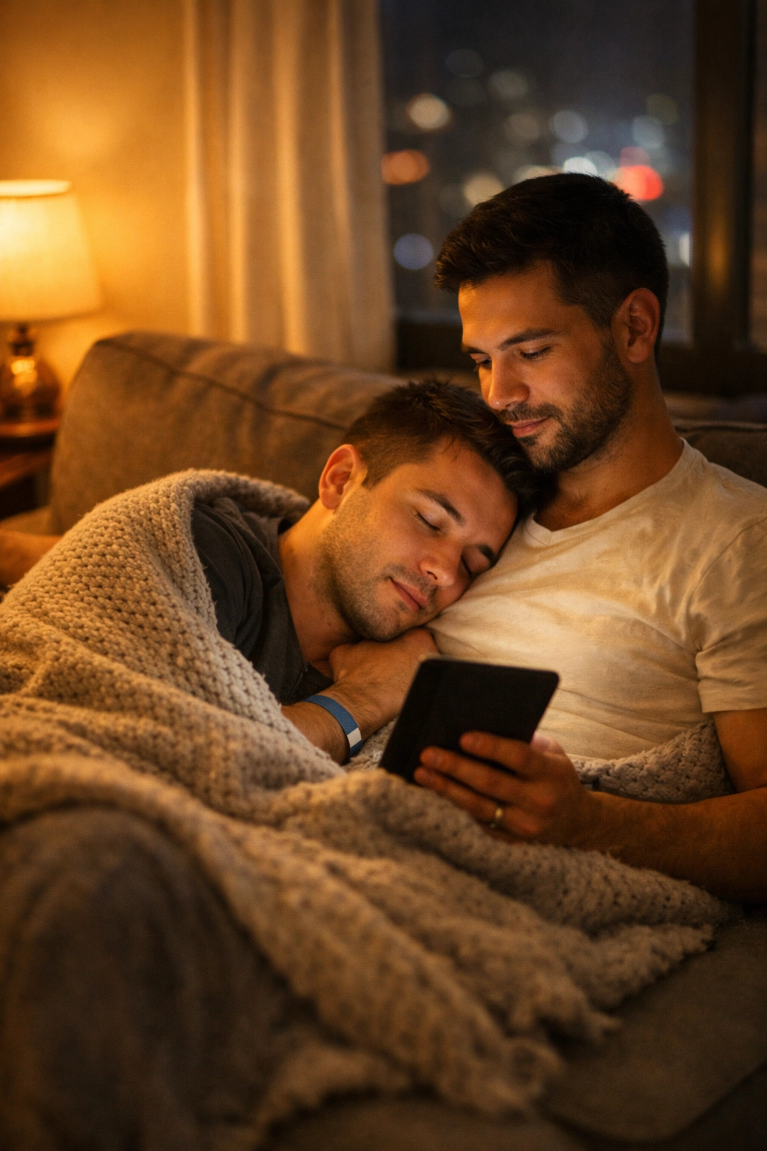 A gay couple relaxes at home, reading a heartfelt MM romance novel together after a long night shift.