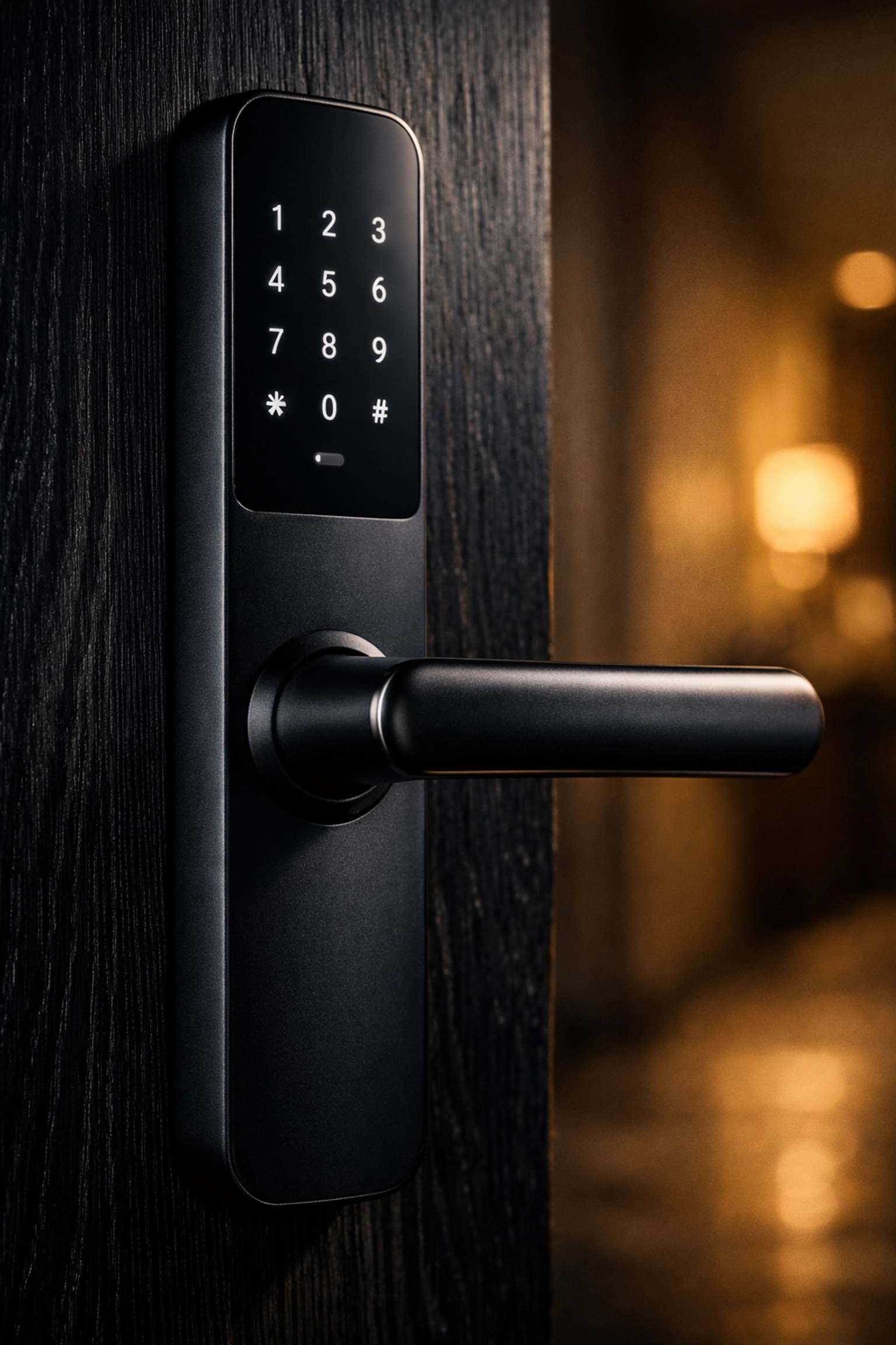 Matte black smart door handle with integrated keypad for reliable home security and access control.