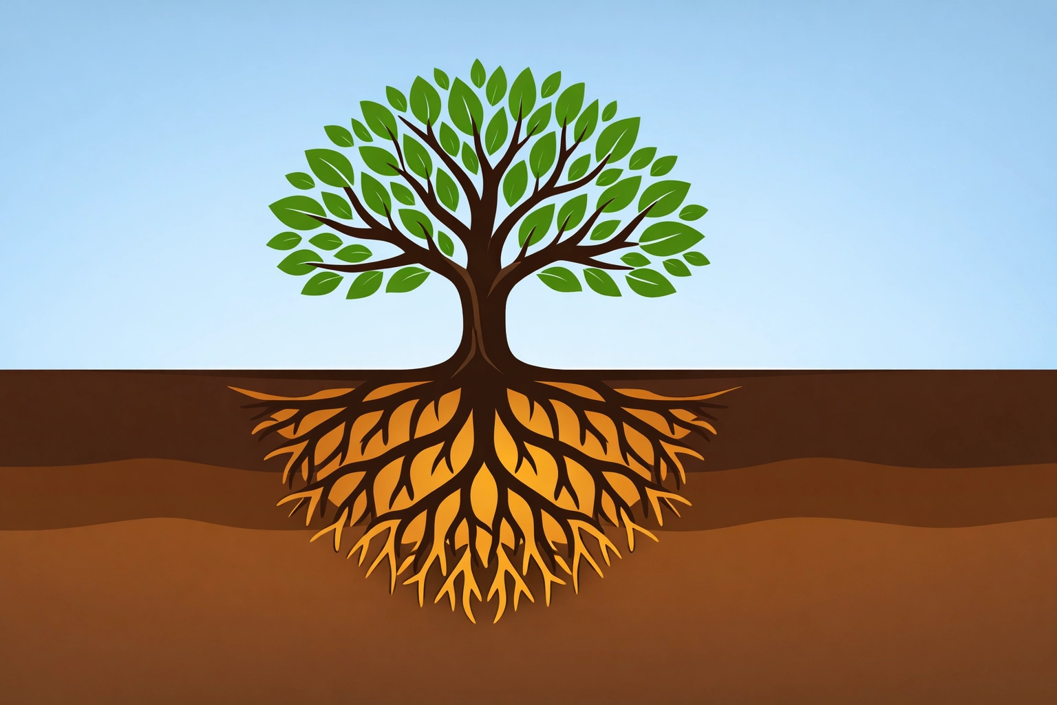 Tree with deep roots and flourishing branches symbolizing spiritual growth and strength through faith