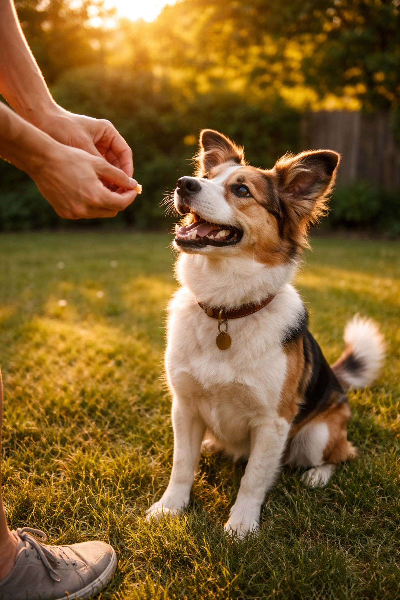 Person training a foster dog with treats in a sunlit backyard, illustrating positive reinforcement techniques.