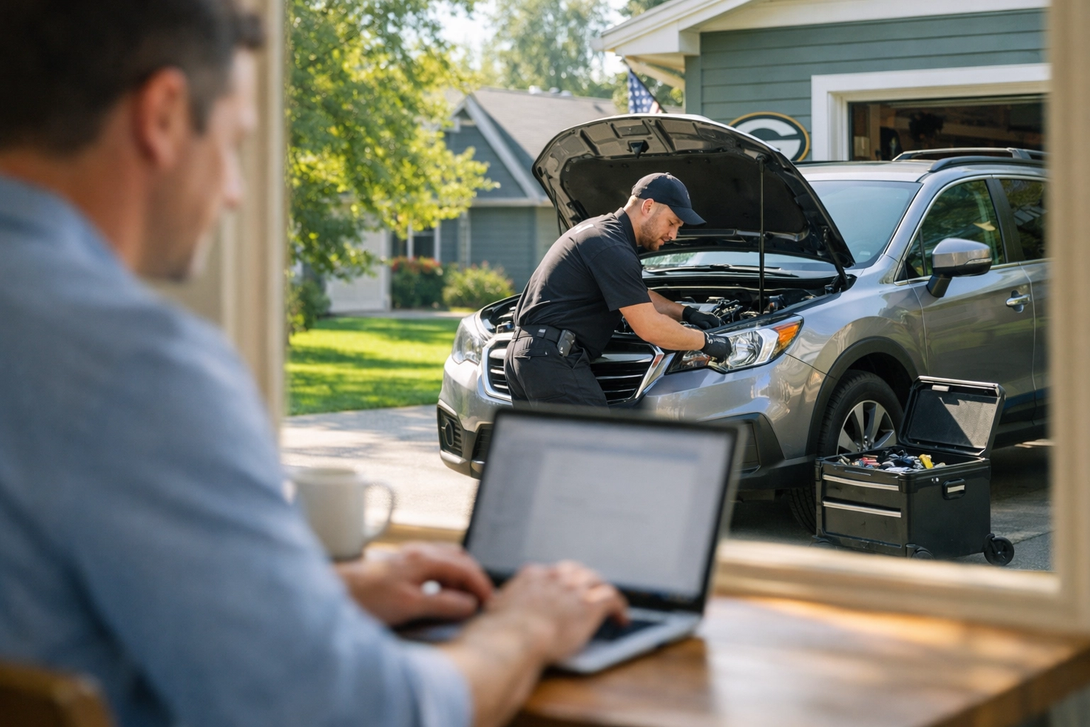 Mobile mechanic in Green Bay servicing an SUV in a driveway while the homeowner works inside.