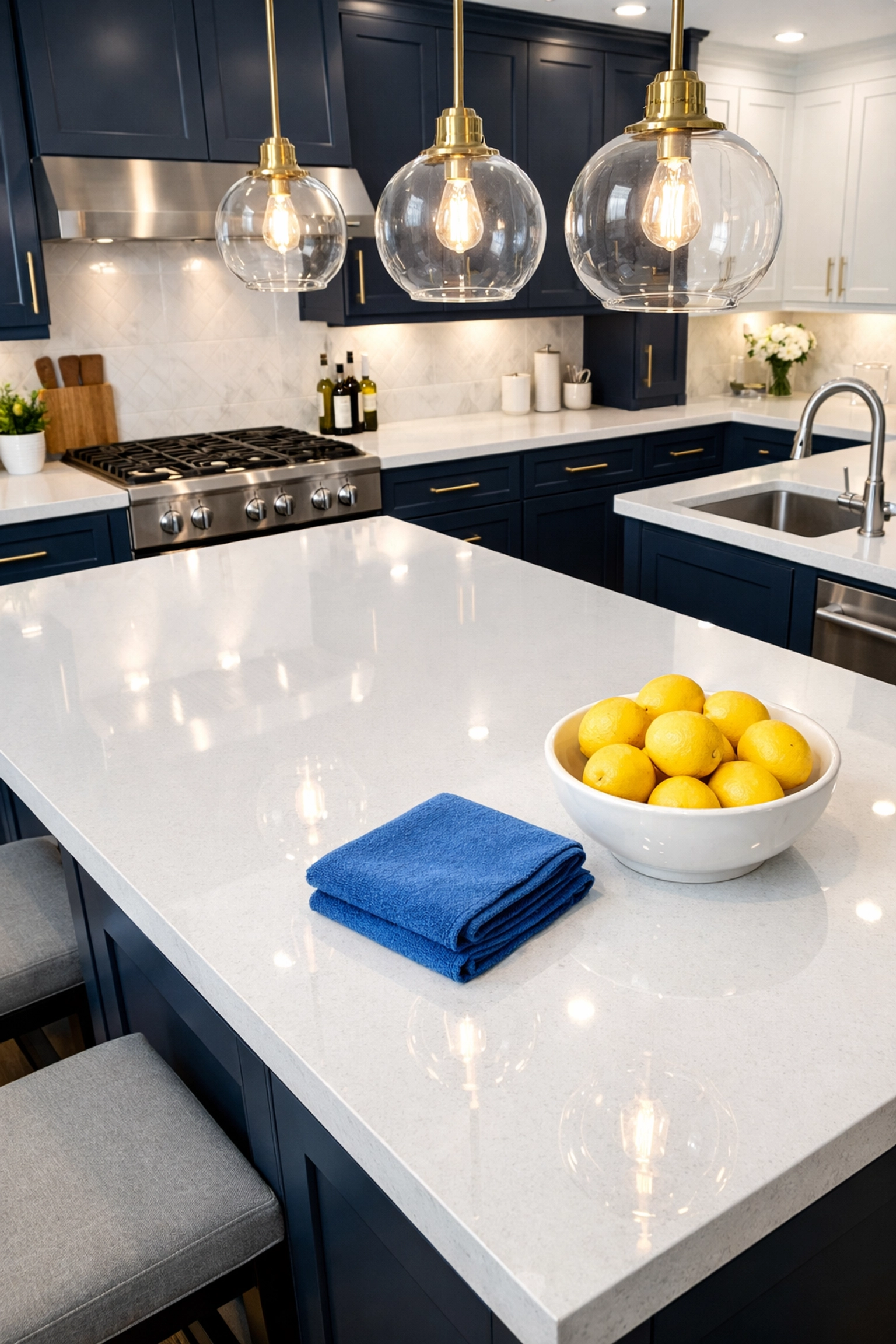 Residue-free white quartz kitchen countertops showing professional standards for apartment cleaning Boston.