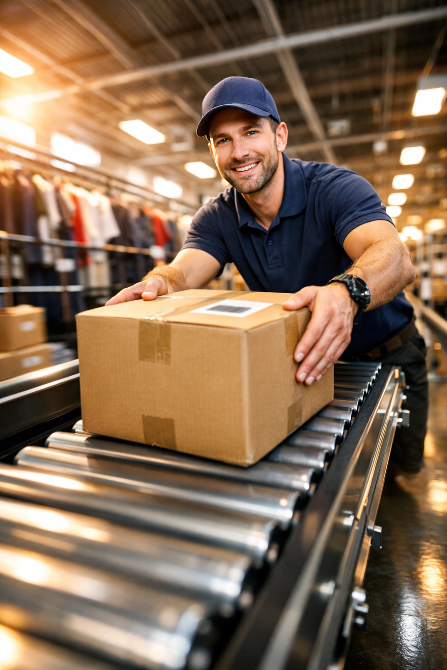 Efficient apparel fulfillment services worker processing a package on a conveyor belt for same day fulfillment.
