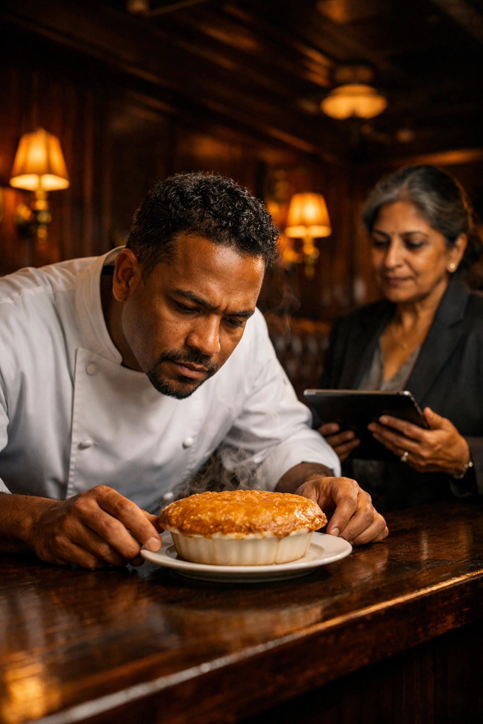 Chef and manager inspecting a signature dish in the moody, classic interior of The Big Four restaurant.