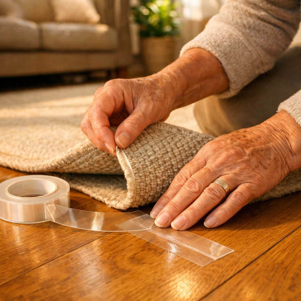 Senior securing area rug with tape to prevent falls at home