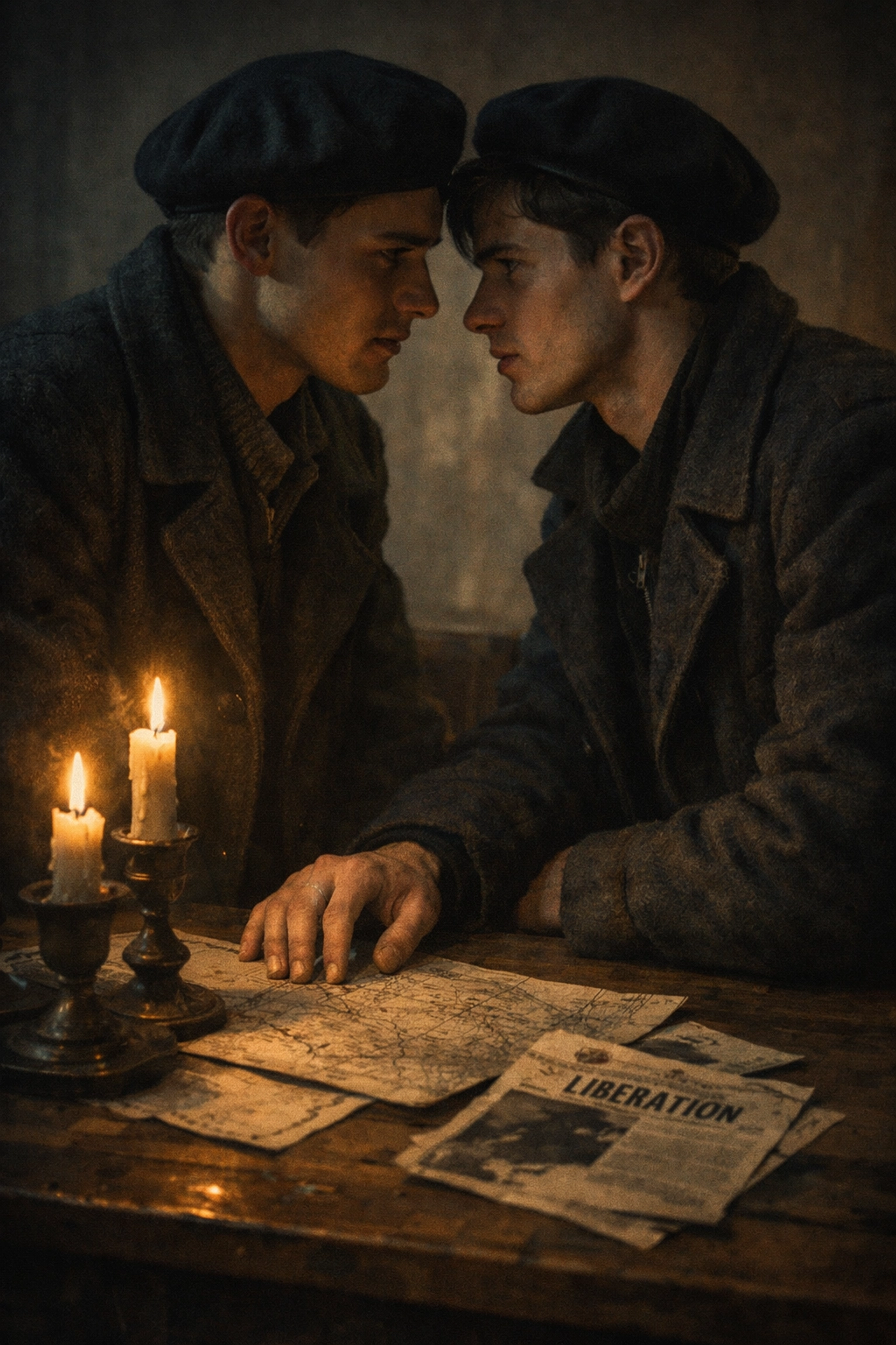 Two gay resistance fighters share an intimate moment in a 1940s Paris safe house with maps