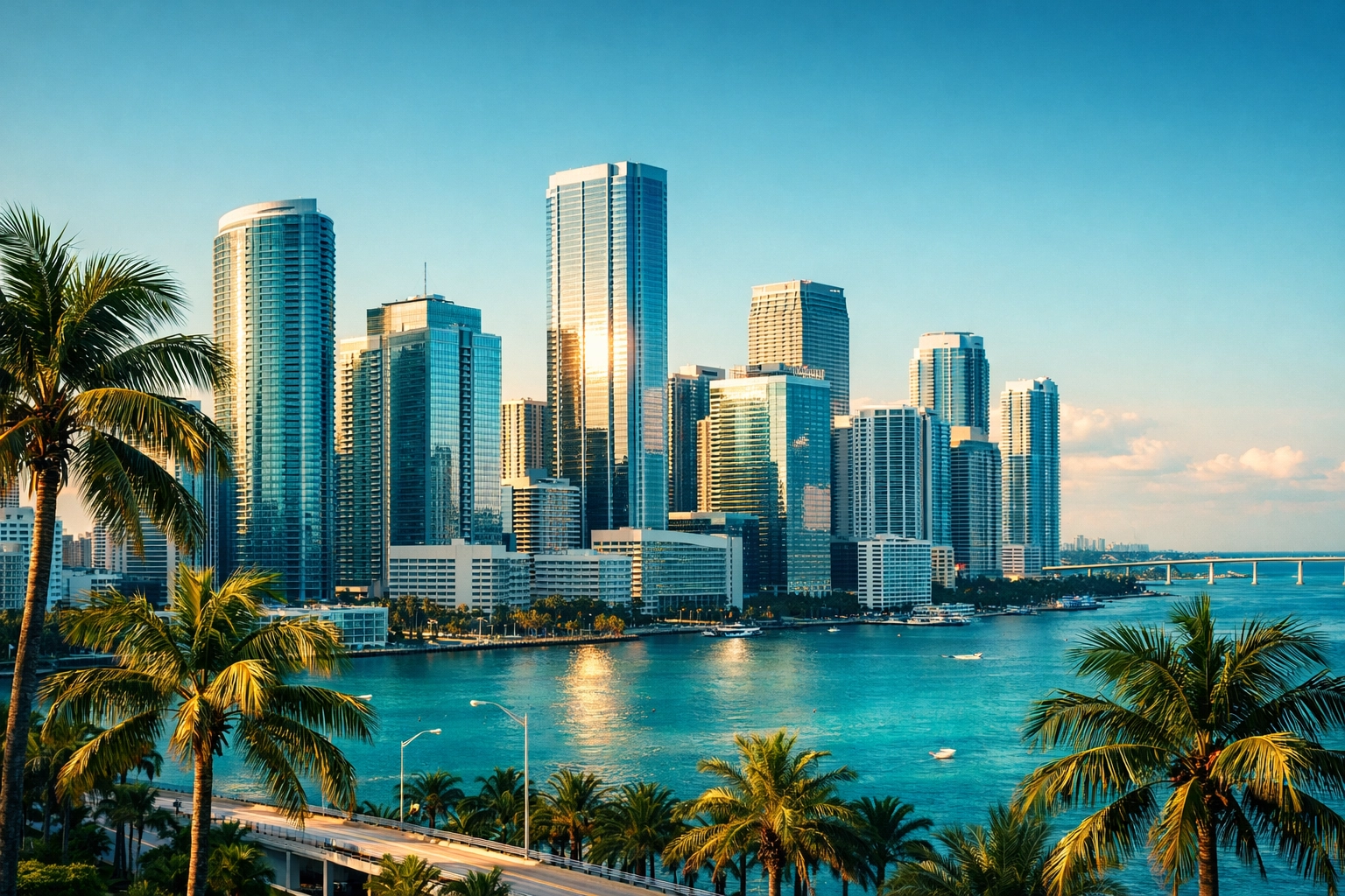 Skyline de Miami con rascacielos y palmeras, destino ideal para emprendedores latinoamericanos
