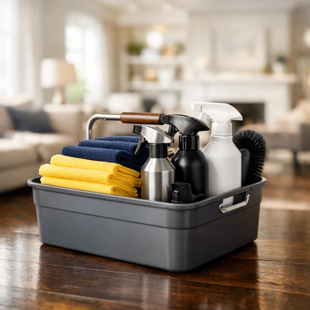 Professional cleaning supplies and caddy on a polished hardwood floor in a sunlit residential home.