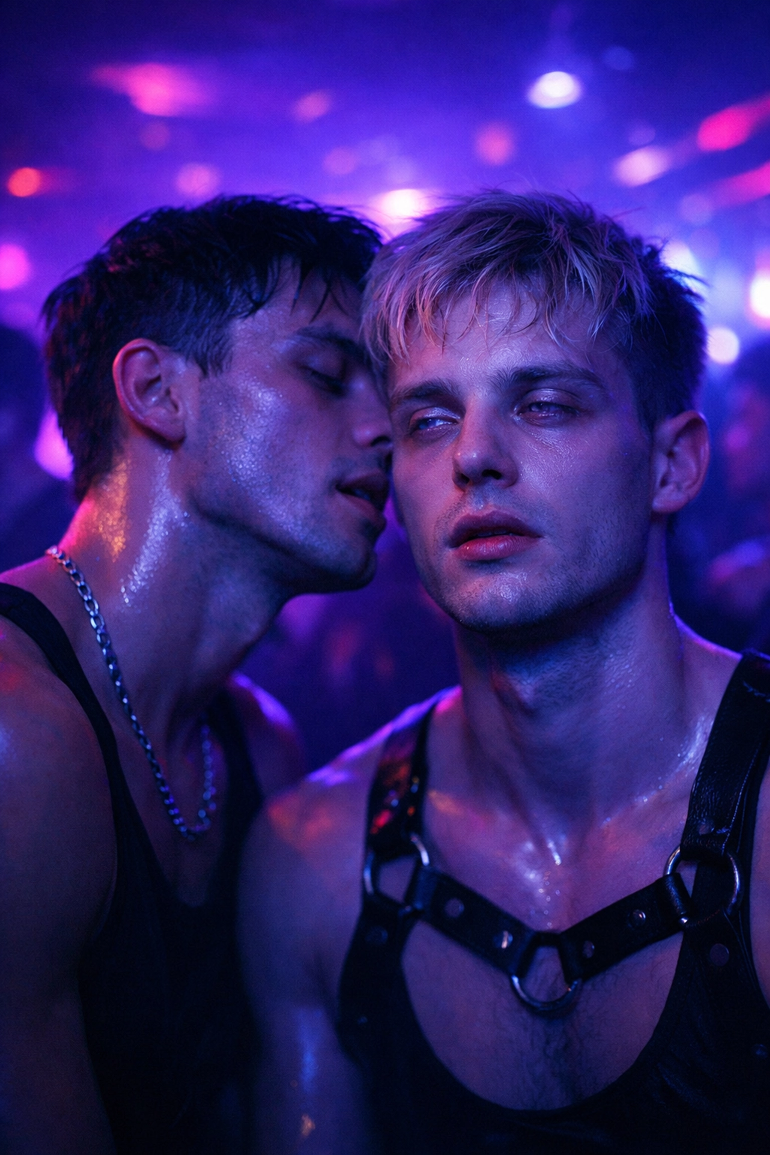 Two gay men in a neon nightclub representing the dark side of party culture and addiction.
