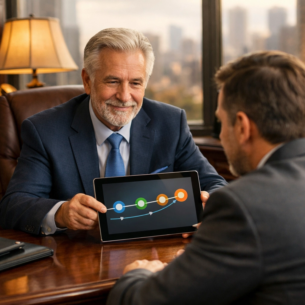 Executive benefits advisor explaining NQDC plan timelines and 409A compliance to a business owner.