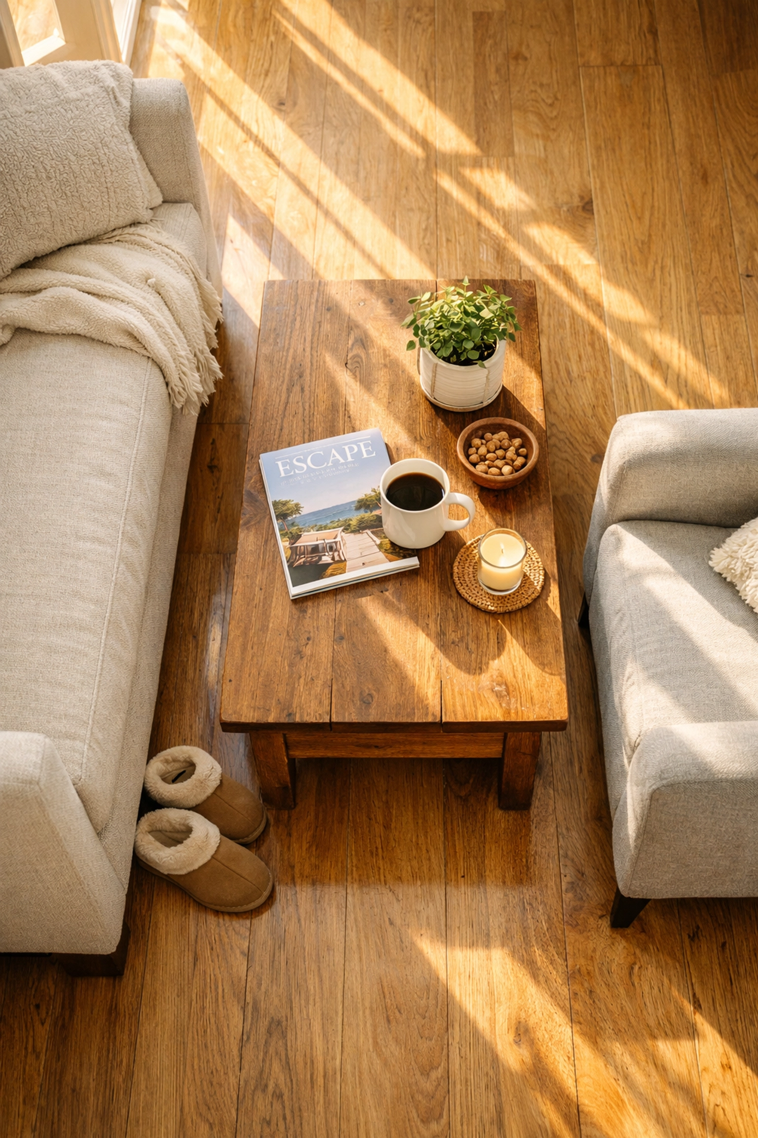 Coffee table blocking narrow walkway between furniture in living room