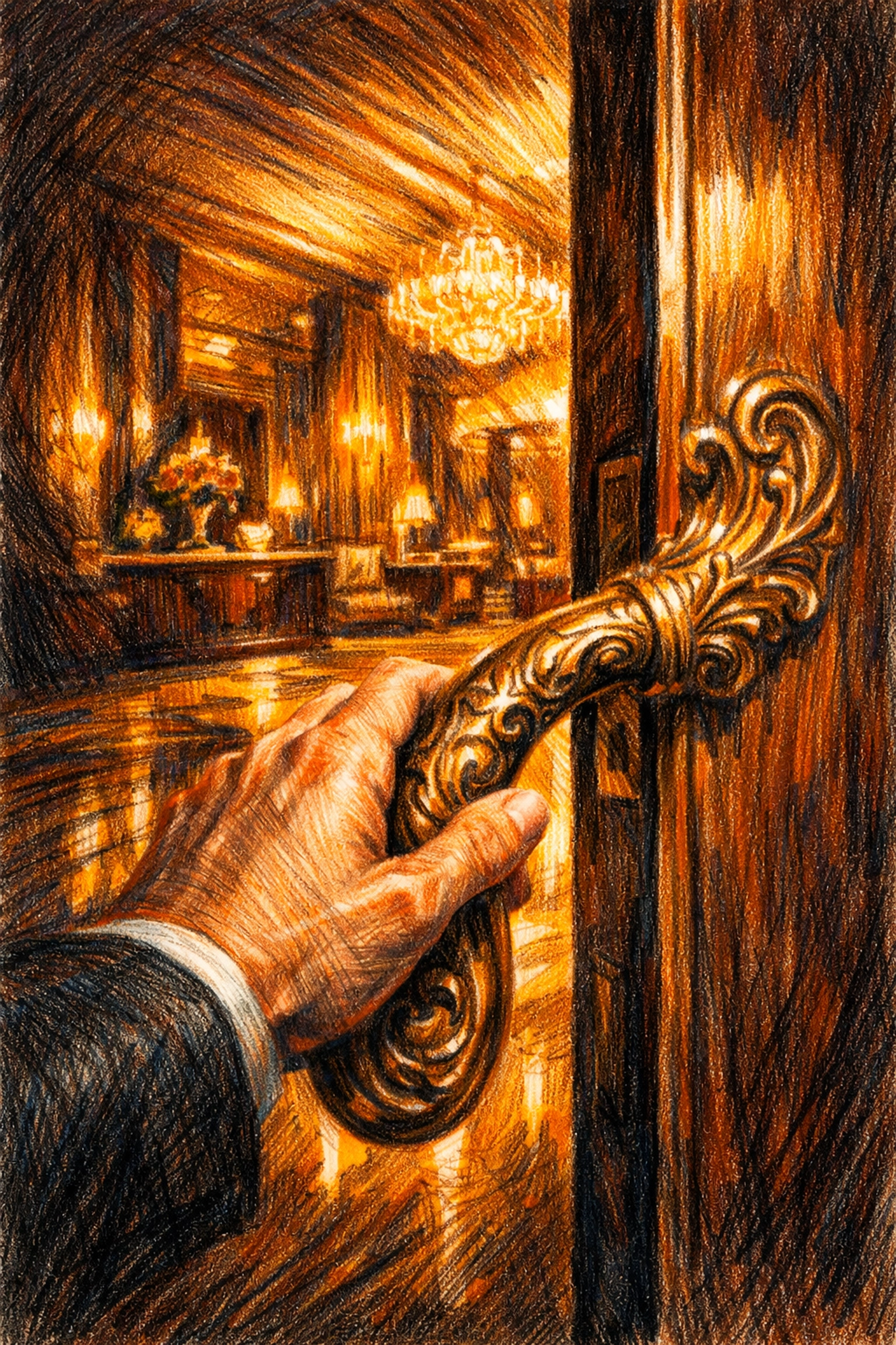 Luxury hospitality design arrival moment with bronze door handle opening to a warm, inviting lobby