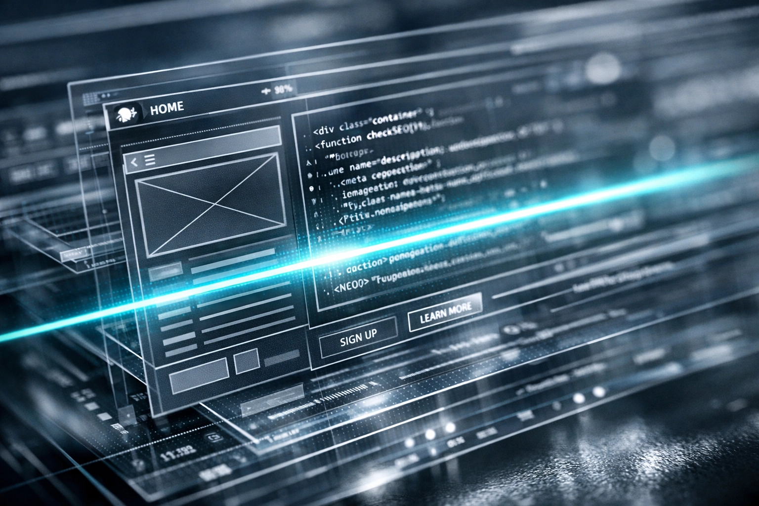 Digital scan of website code and wireframes for technical SEO optimization and site performance tracking.