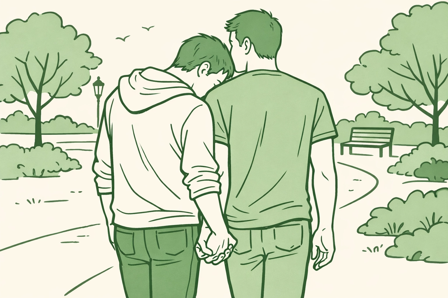 Hand-drawn sketch of a male couple holding hands, reflecting romantic orientation and authentic gay love stories.