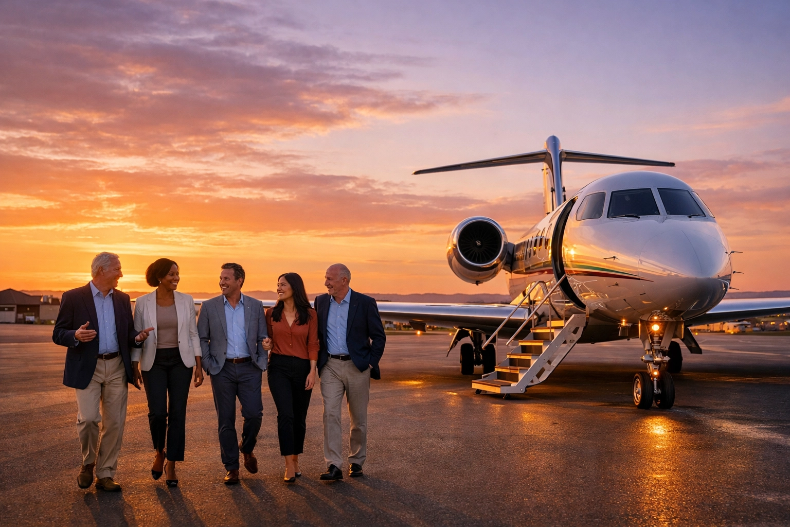 The Proven Super Bowl Corporate Branding Framework: Turn Game Day Into Year-Round Revenue Business executives boarding a private jet for elite Super Bowl corporate travel and hosting.