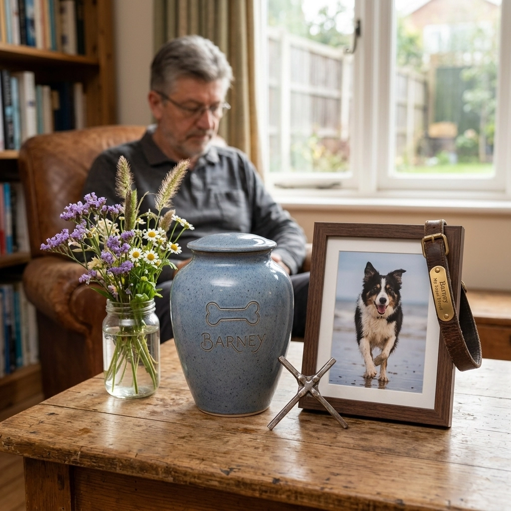 A heartfelt dog memorial setup with a photo, collar, and urn