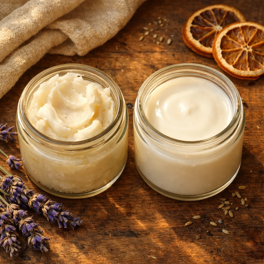 Tallow balm and tallow lotion side by side showing texture difference with natural ingredients