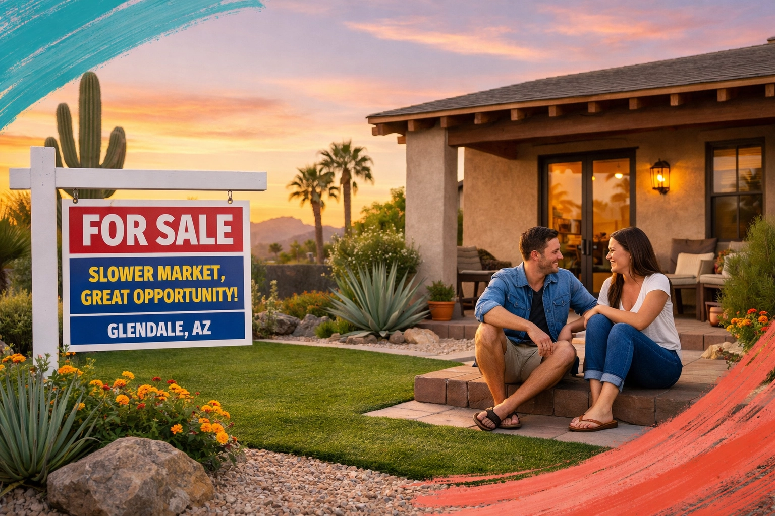 Couple on porch of Glendale AZ home for sale, illustrating the increase in days on market for February 2026.