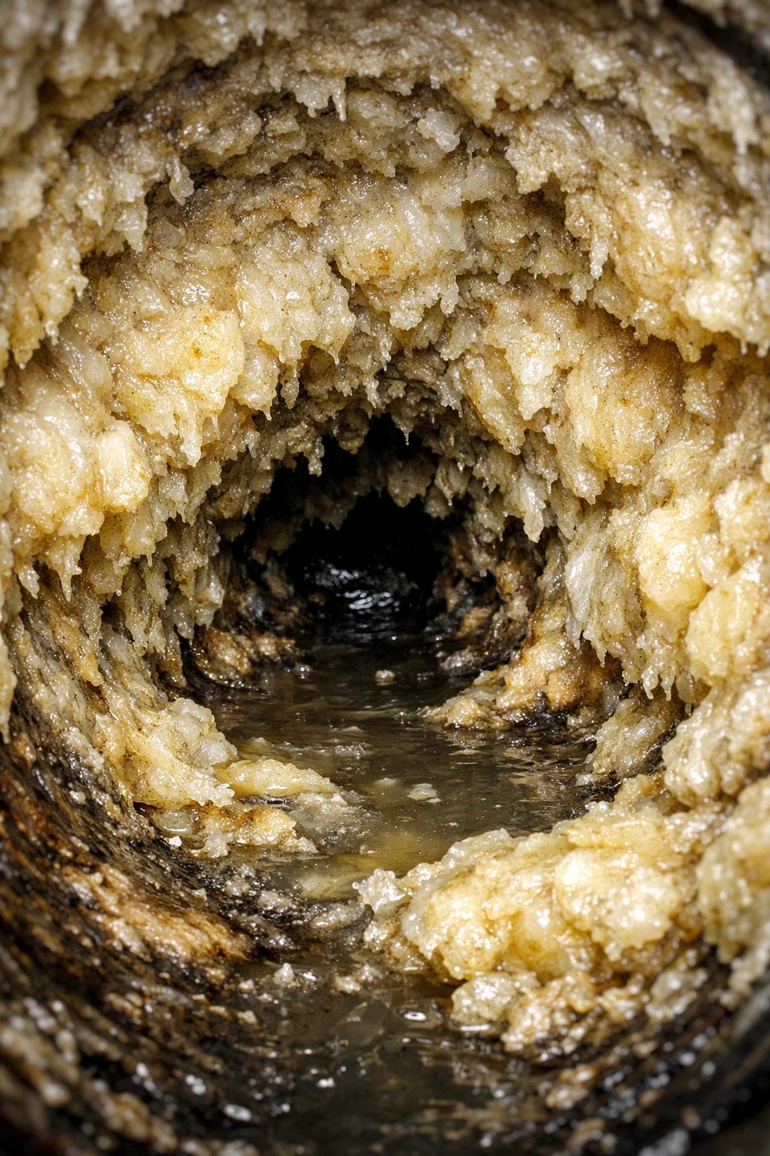 Heavy grease buildup and fatberg narrowing the interior diameter of a residential sewer pipe.