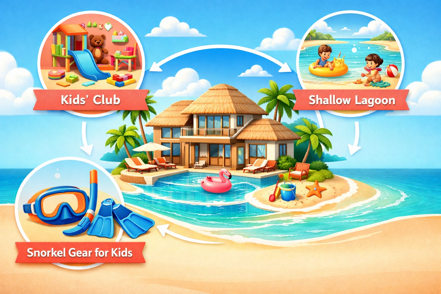 Infographic showing family-friendly amenities at Maldives luxury resorts including kids clubs and snorkeling.