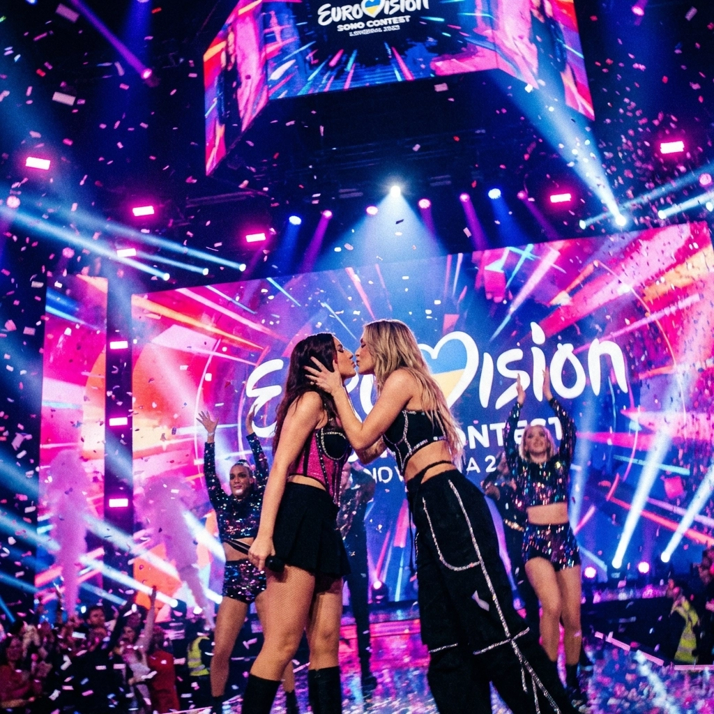 Two women kissing on Eurovision stage, celebrating LGBTQ+ visibility and representation