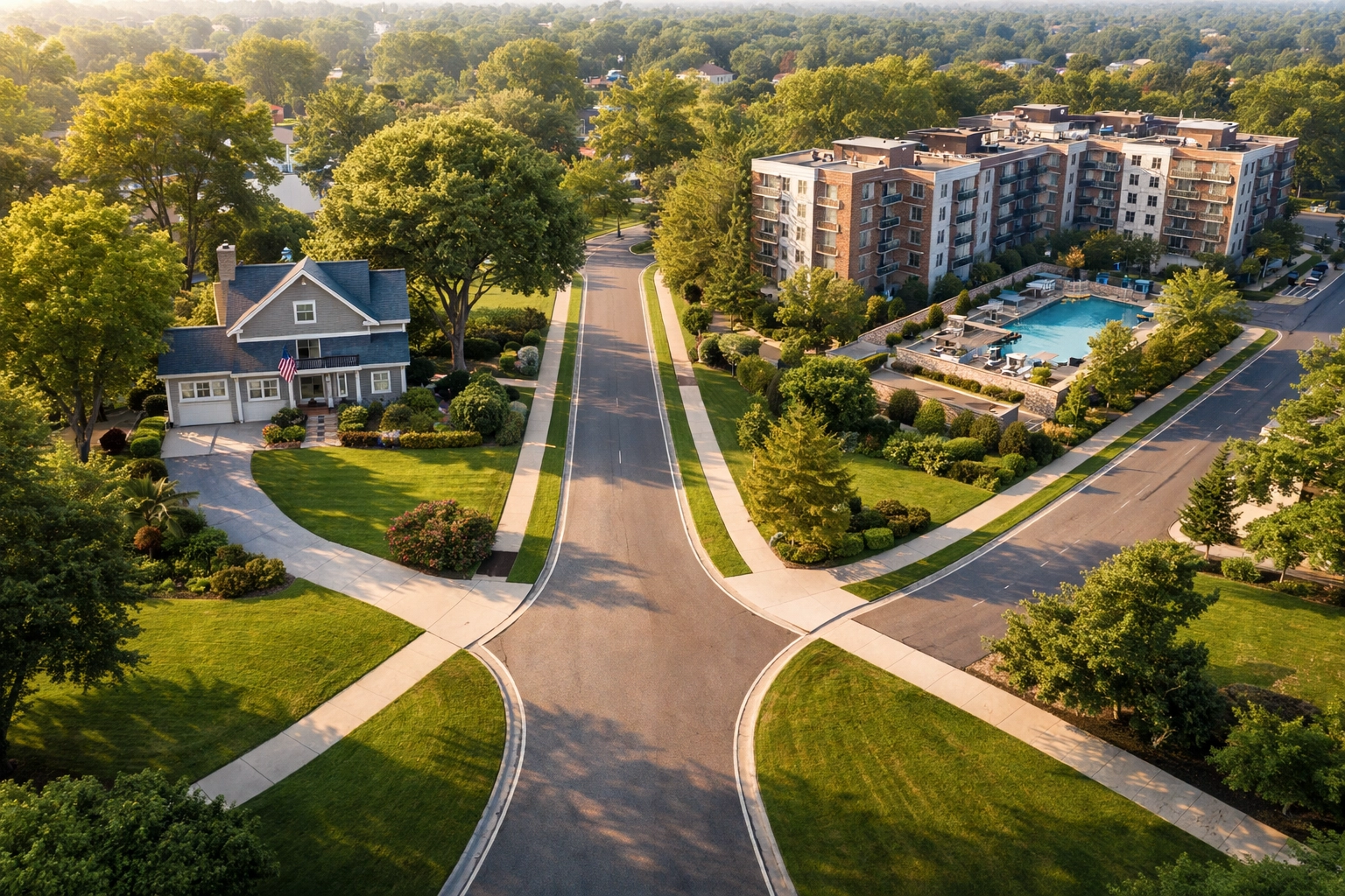 Neighborhood crossroads with paths leading to a house and apartment complex, representing the rent vs buy decision