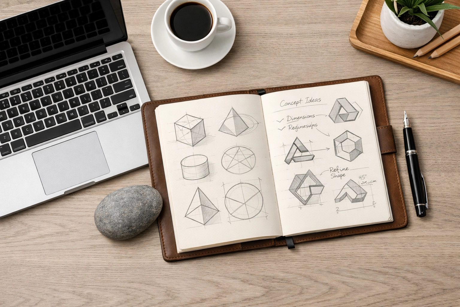 Minimalist creative workspace with sketchbook and laptop, reflecting the daily habits of successful entrepreneurs.