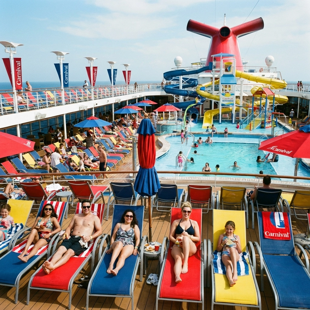 Carnival cruise ship pool deck with families enjoying casual fun atmosphere