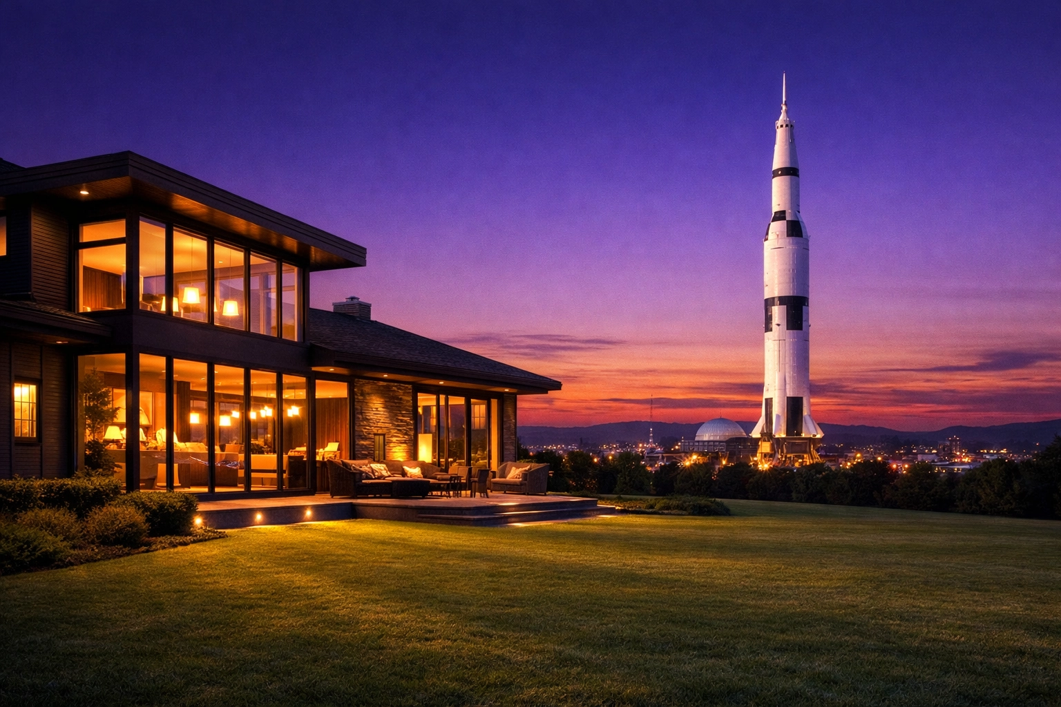 Contemporary luxury house for sale in Huntsville AL with the Saturn V rocket in the background.