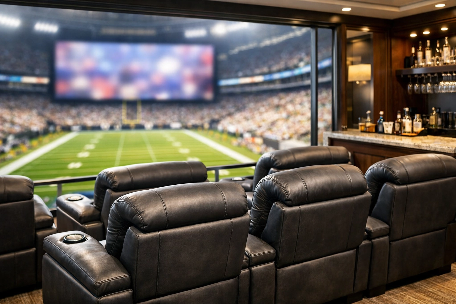 Luxury Super Bowl stadium suite with ergonomic leather seating for executive viewing comfort.