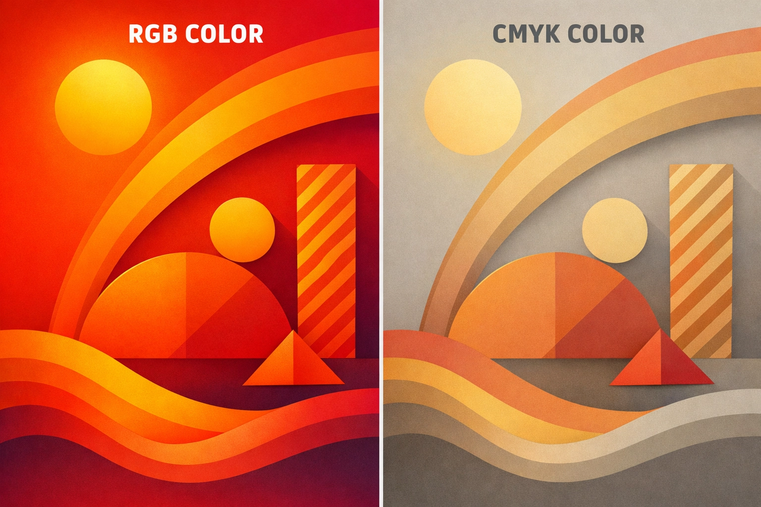 Side-by-side comparison of RGB color mode and color profile adjustments for print