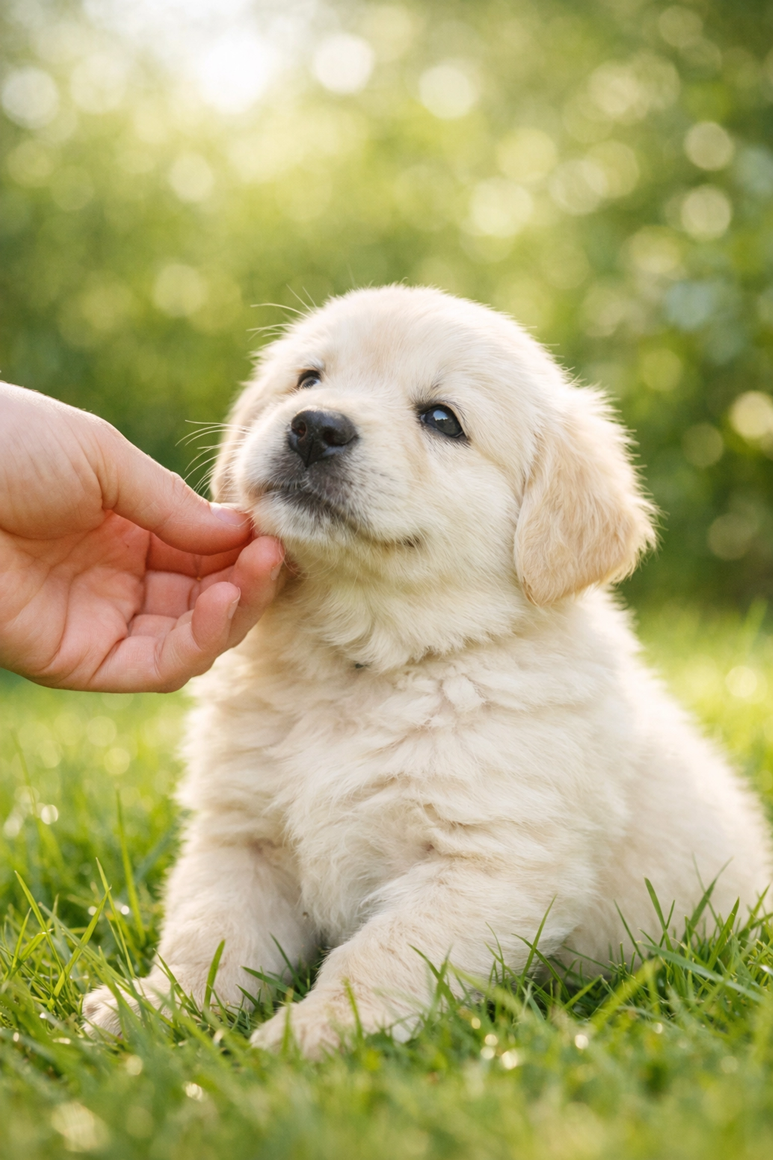 Socialized English Cream Golden Retriever puppy in a lush Oregon garden, showing gentle genetics.