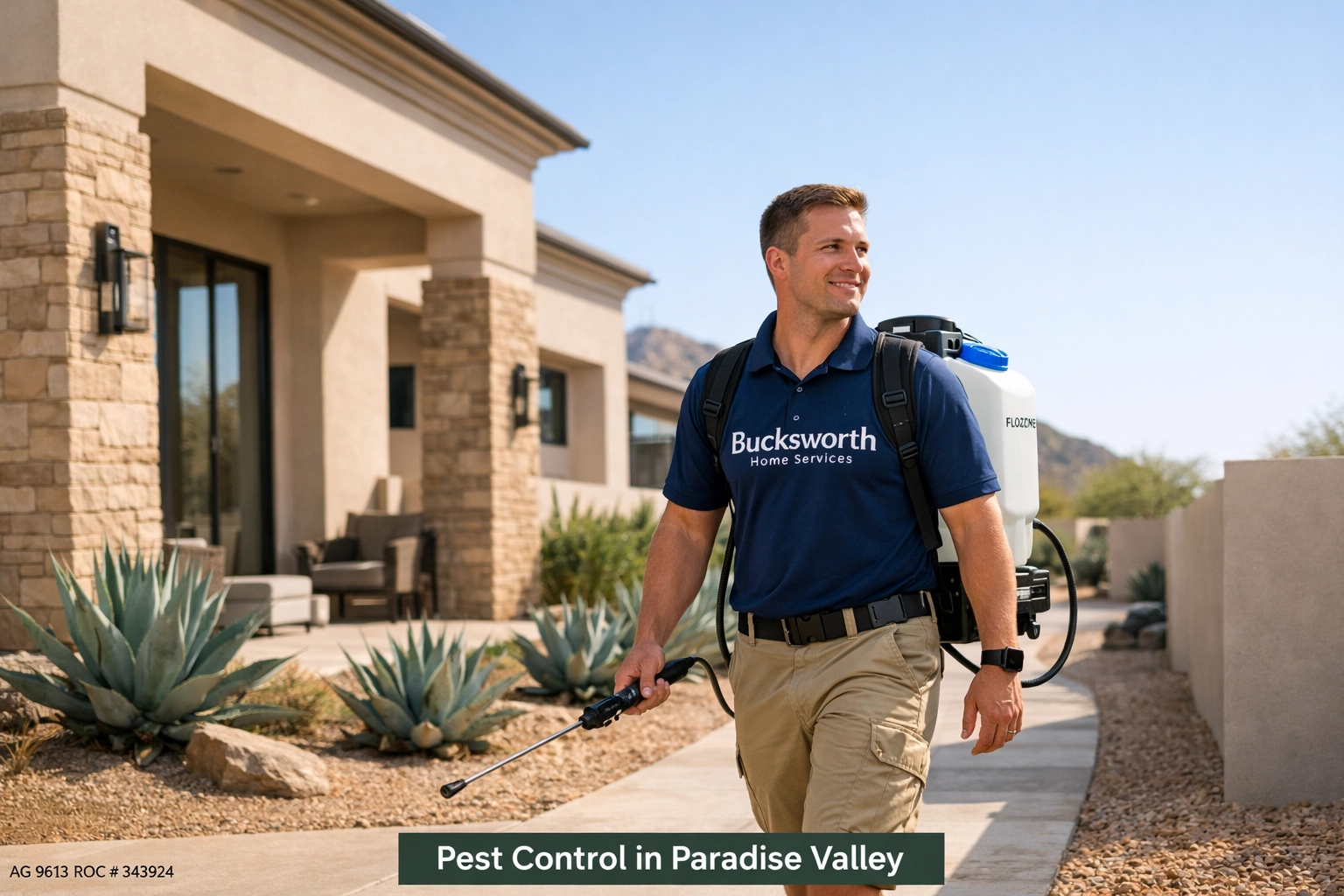 Bucksworth Home Services technician providing premium pest control at a luxury Paradise Valley estate.