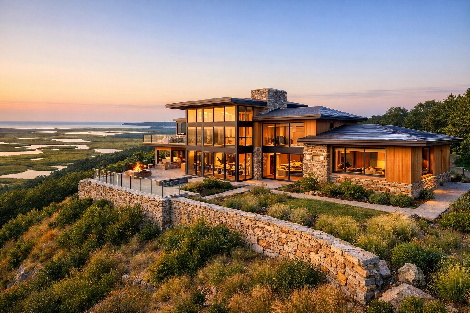 Luxury modern estate on a high-elevation ridge in Sandwich MA for coastal home protection.
