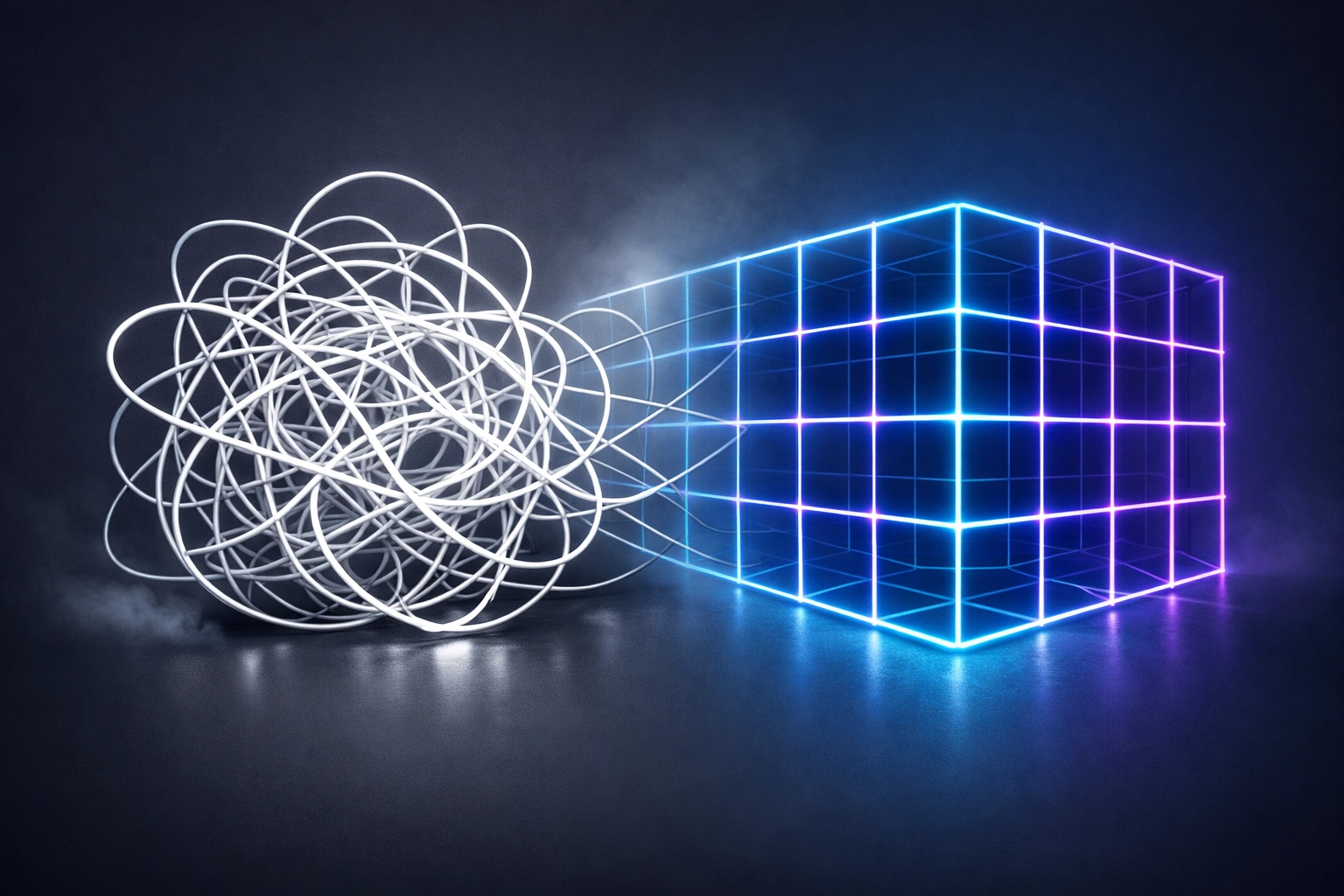 A structured neon grid representing the transition from manual business chaos to automated system growth.