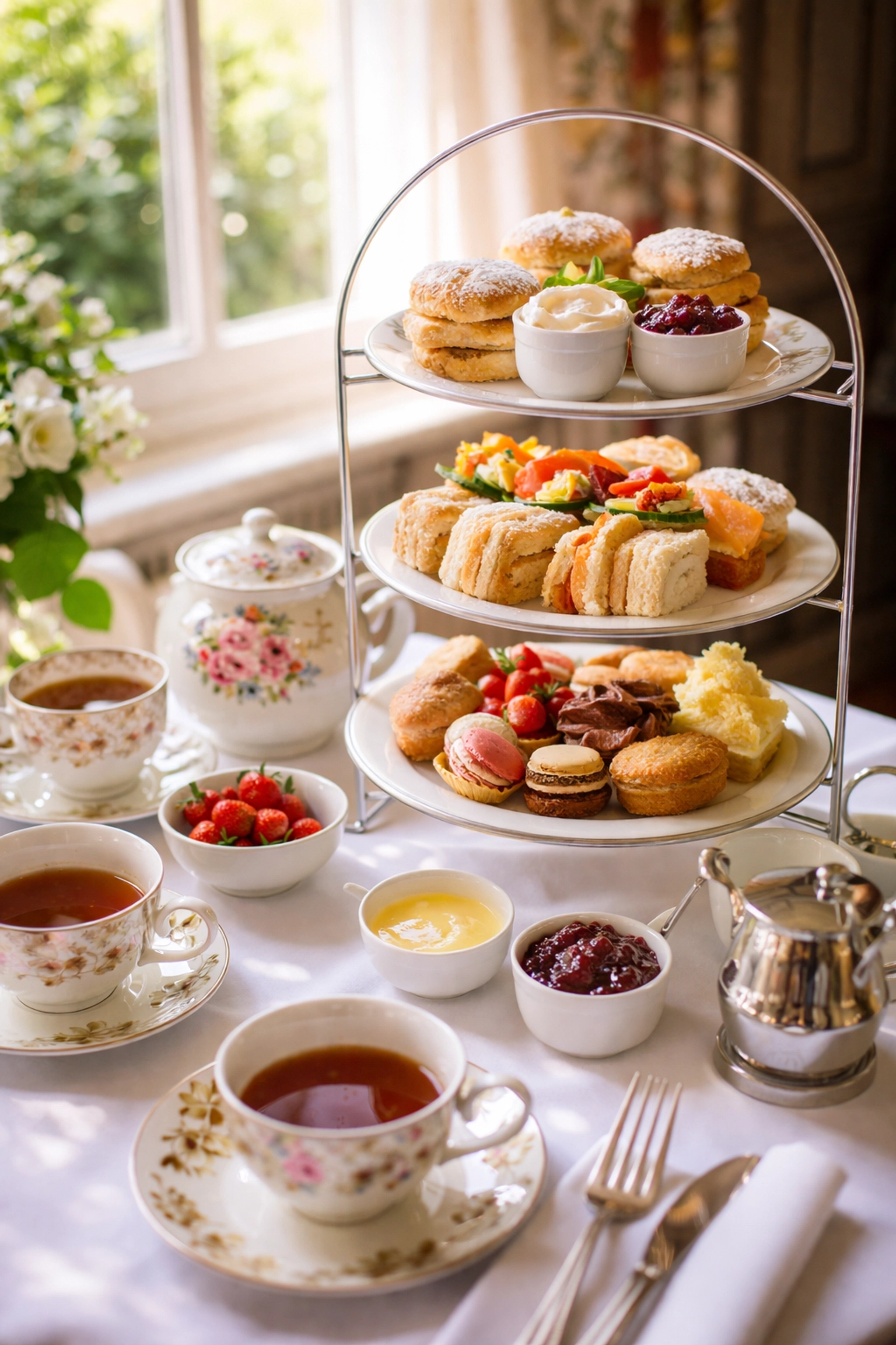 Classic British afternoon tea setup with scones, pastries, and tea highlighting UK tea culture