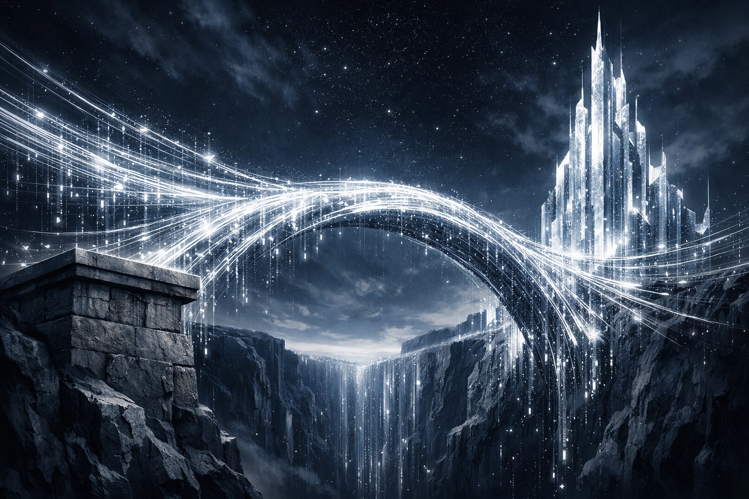 Are You Making These Common AI Automation for Small Business Mistakes? 5 A glowing data bridge connecting manual tasks to reliable AI innovation for small business growth.