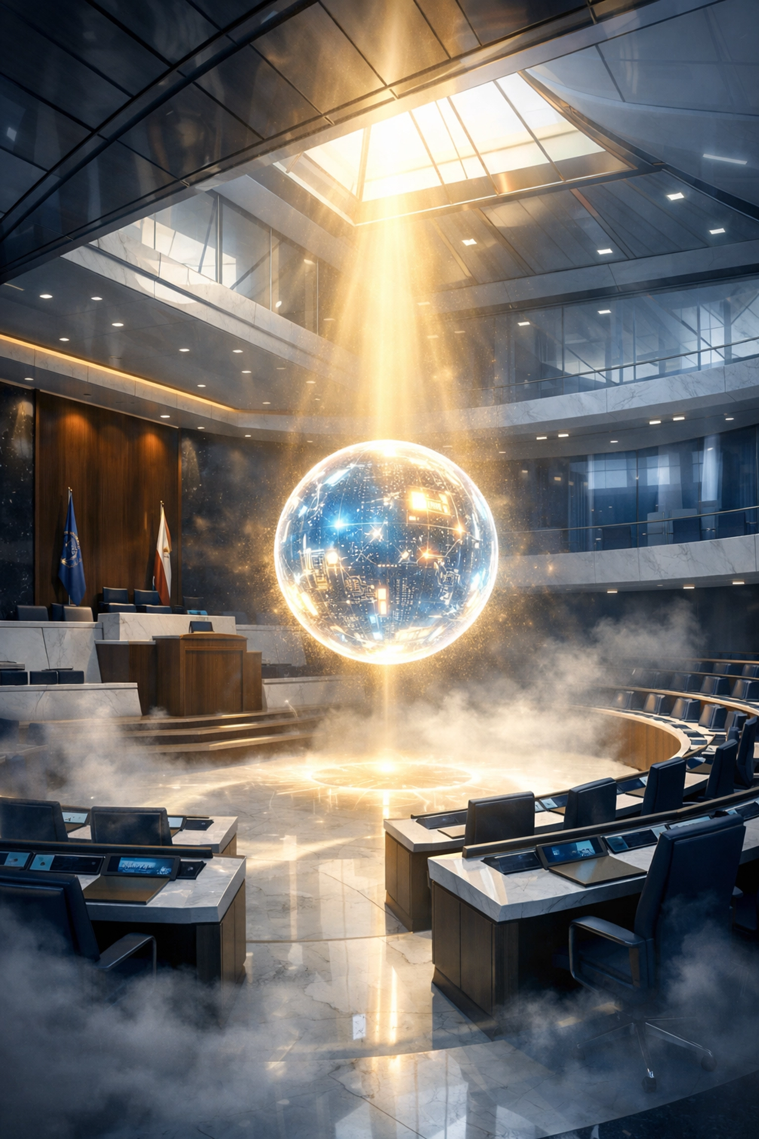 A glowing digital commodity in a futuristic hall representing CLARITY Act regulatory transparency for crypto.