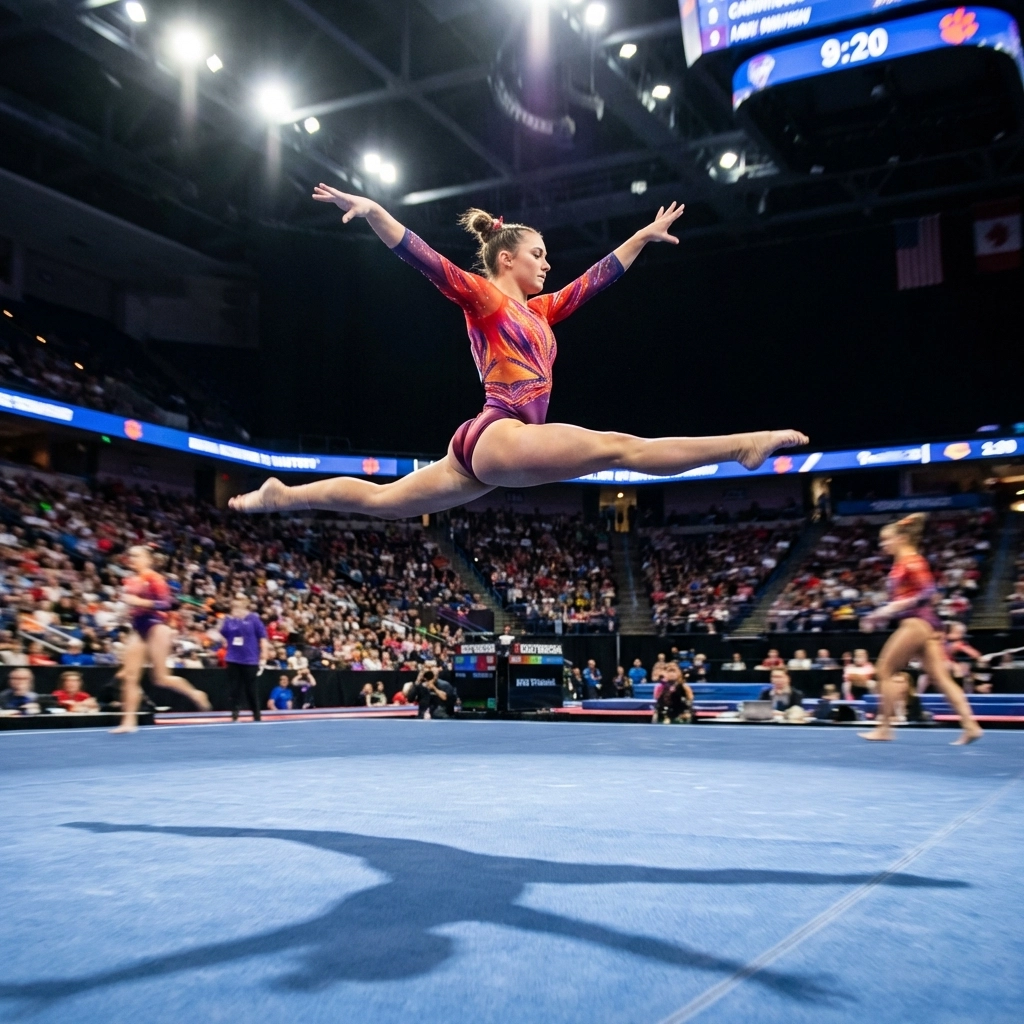 Gymnast performing at Atlanta's Paws for a Cause Invitational gymnastics competition