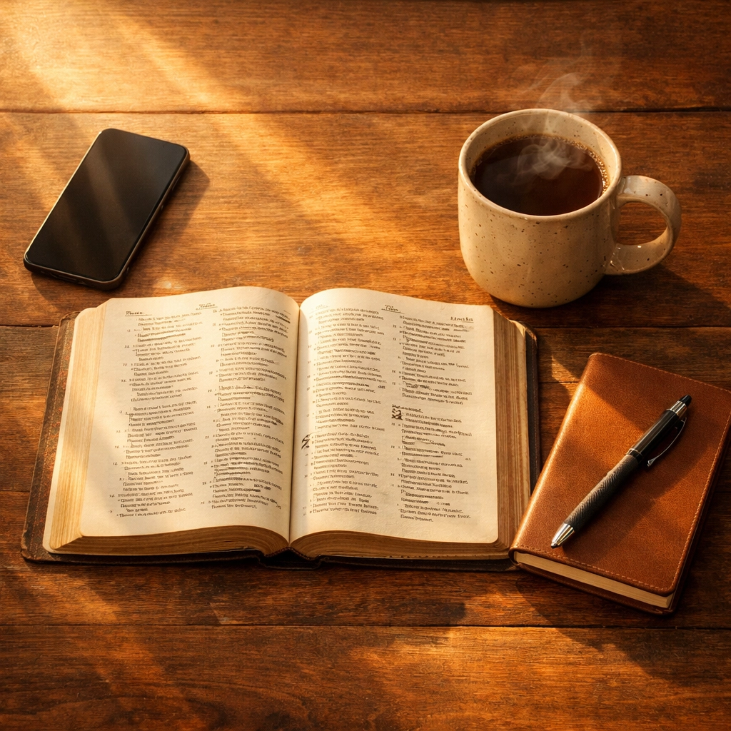 Open Bible with coffee and phone face-down on desk for peaceful morning routine