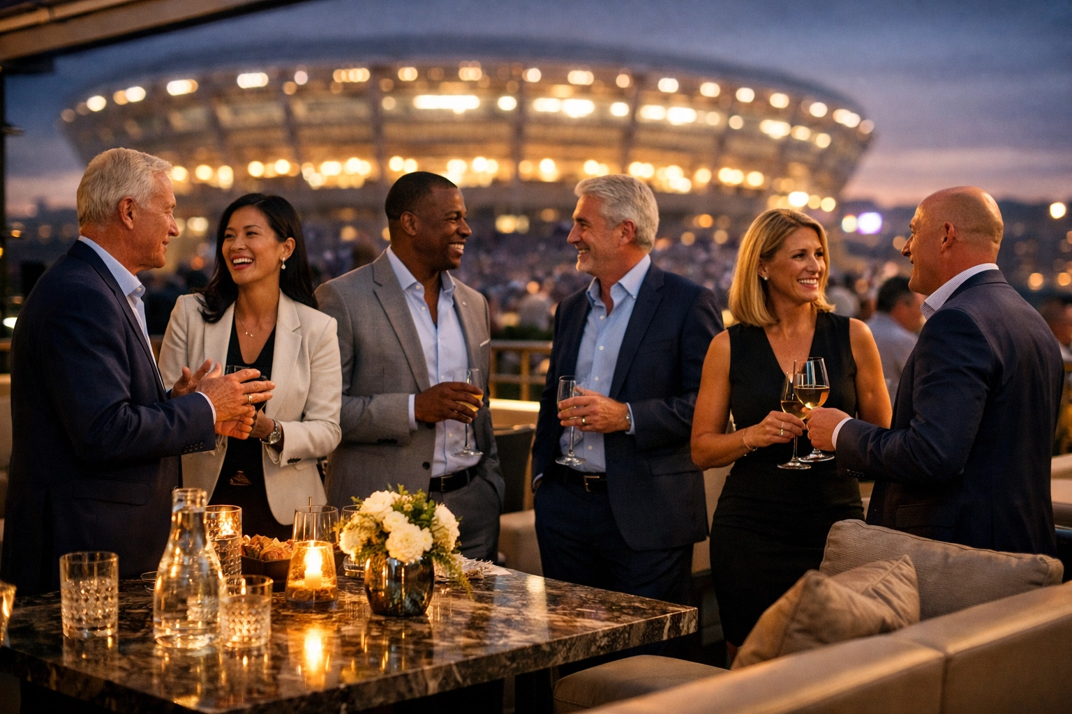 Corporate executives networking at a VIP hospitality lounge overlooking a Super Bowl stadium at night.