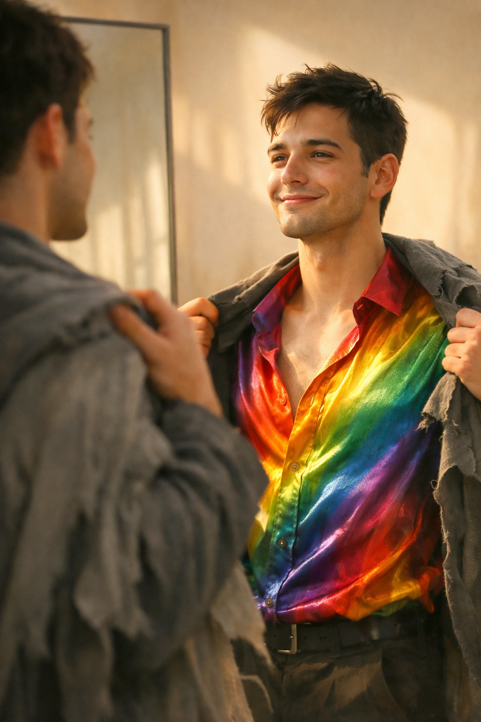 Gay man embracing queer healing by shedding a dark cloak for a colorful shirt, symbolizing self-acceptance.