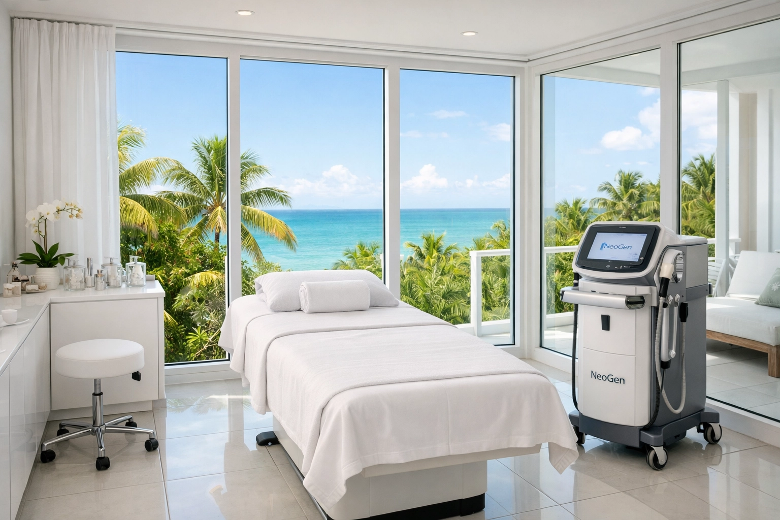 Modern medical spa treatment room at Destination Wellness in Key West featuring the NeoGen PSR device.