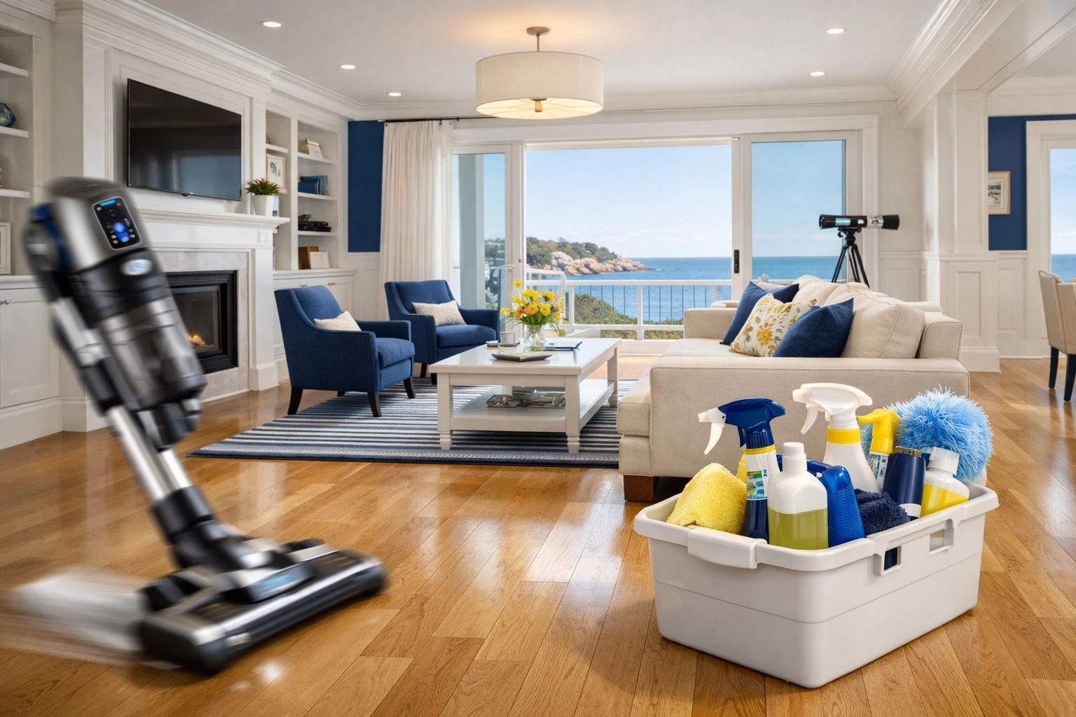 Clean coastal living room in Manchester-by-the-Sea after affordable professional house cleaning.